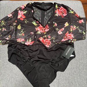 Xpluswear Floral Body Suit w/Sheer Sleeves